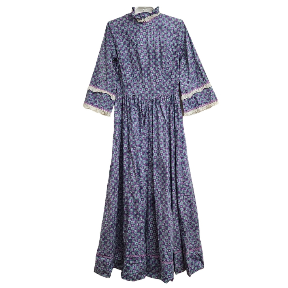 Vintage Handmade Maxi Prarie Dress Small - XS Lace Trim Cottagecore Ditsy Ruffle